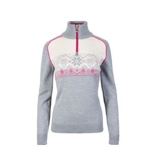 Gray and Cream Women's Sweater with Pink Accents